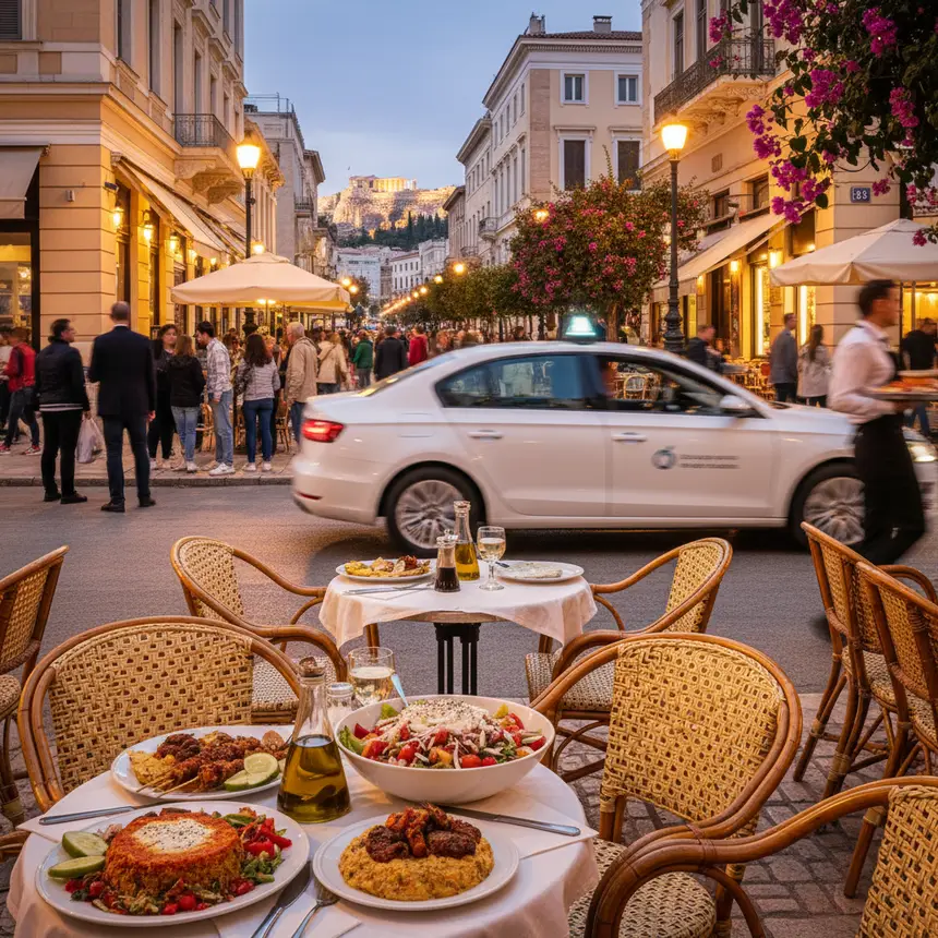 Bustling Athens street with ride-share car, outdoor cafe, traditional Greek food, urban travel scene