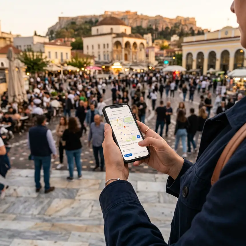 Traveler using smartphone in a busy Athens city square, checking news, travel safety, urban environment