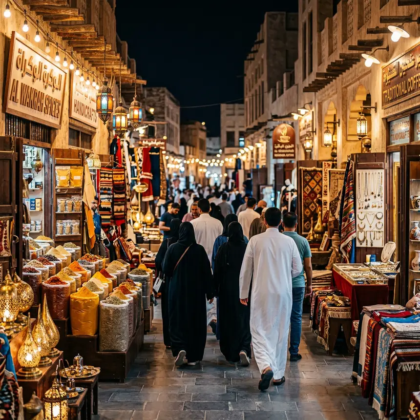 Traditional market street at night in Doha