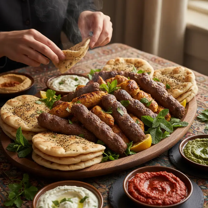 Middle Eastern grilled kebabs and lamb platter