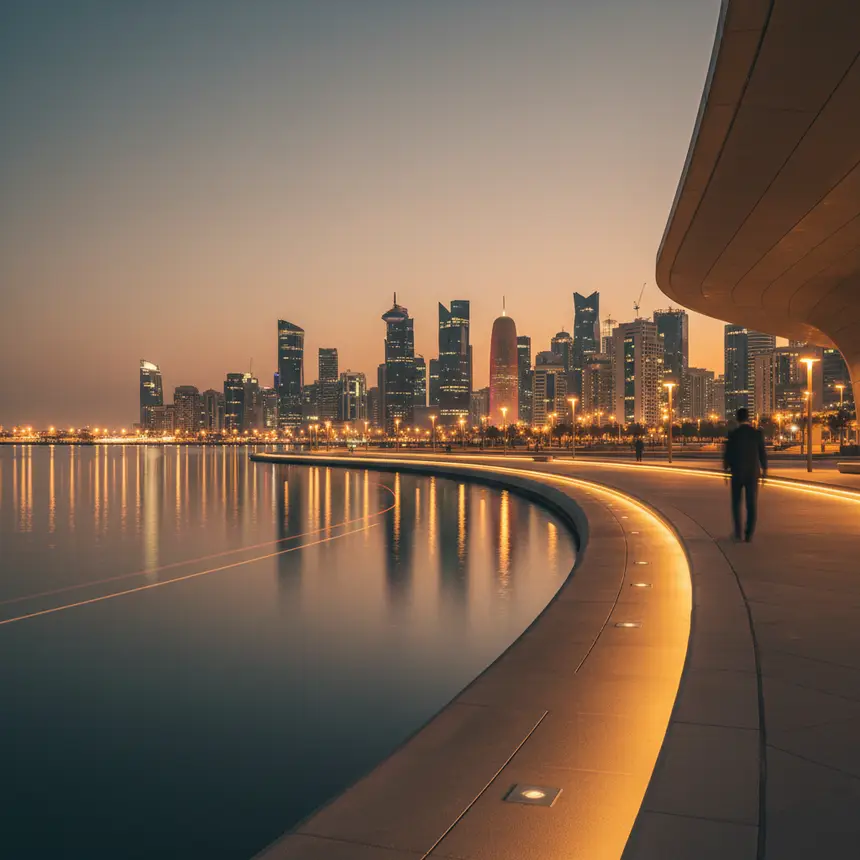 Person walking along Doha waterfront promenade at night
