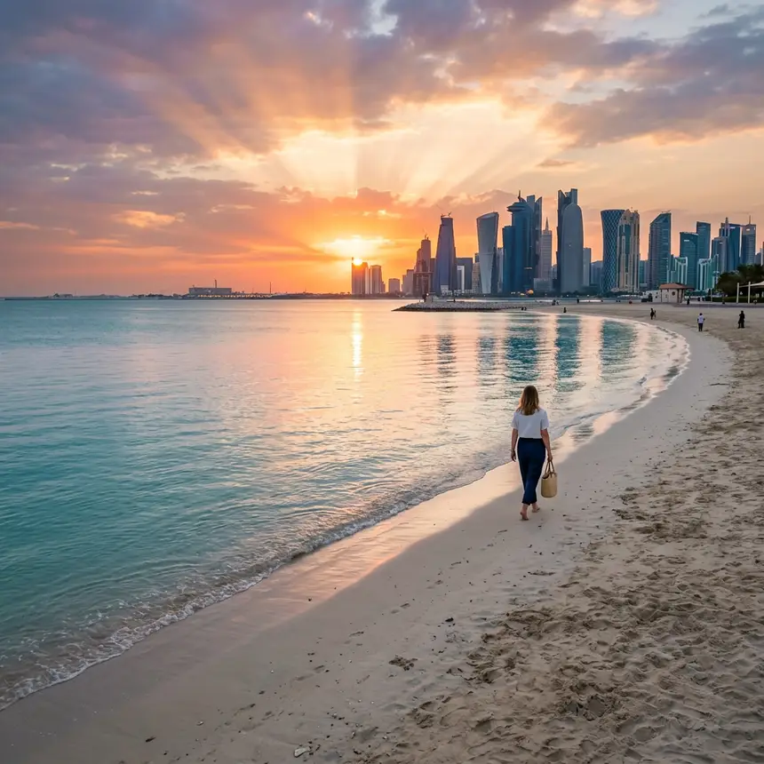 Serene beach at sunset in Doha