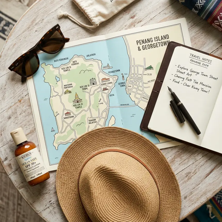 Travel essentials flat lay