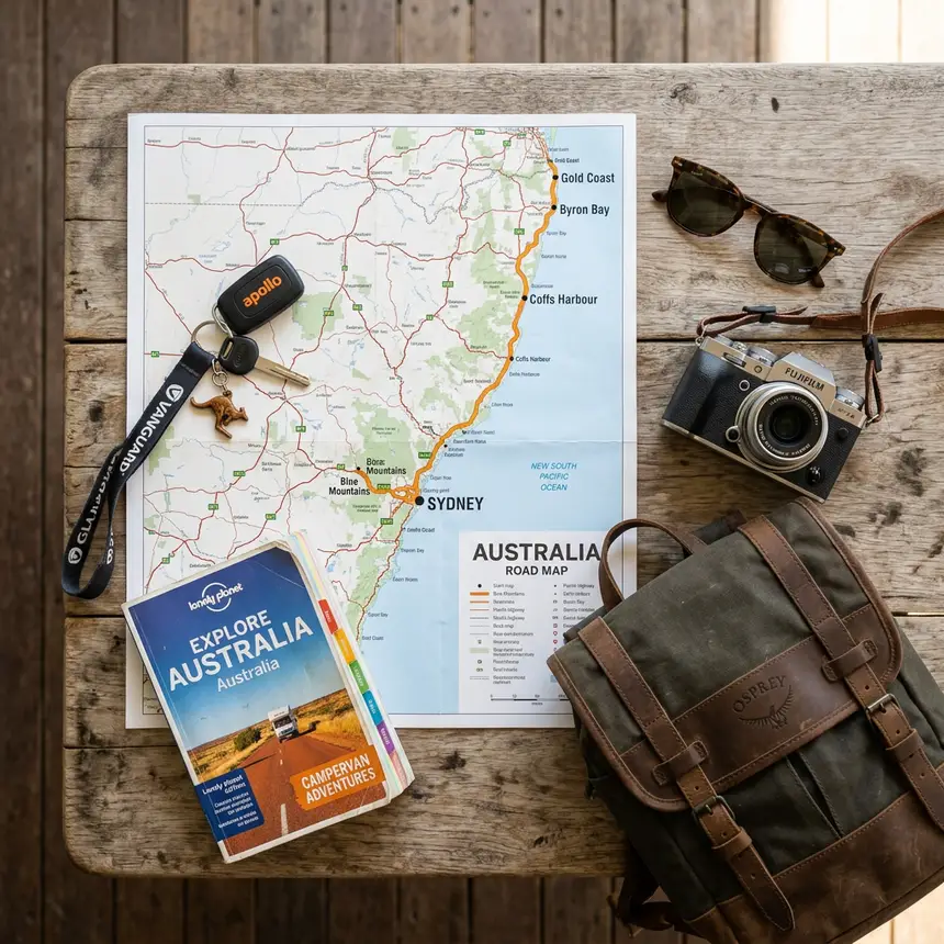 Australia campervan trip essentials flat lay