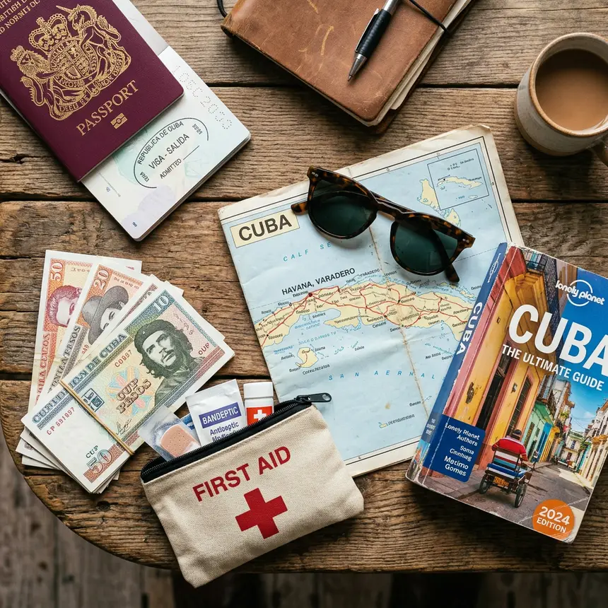 Cuba travel essentials flat lay