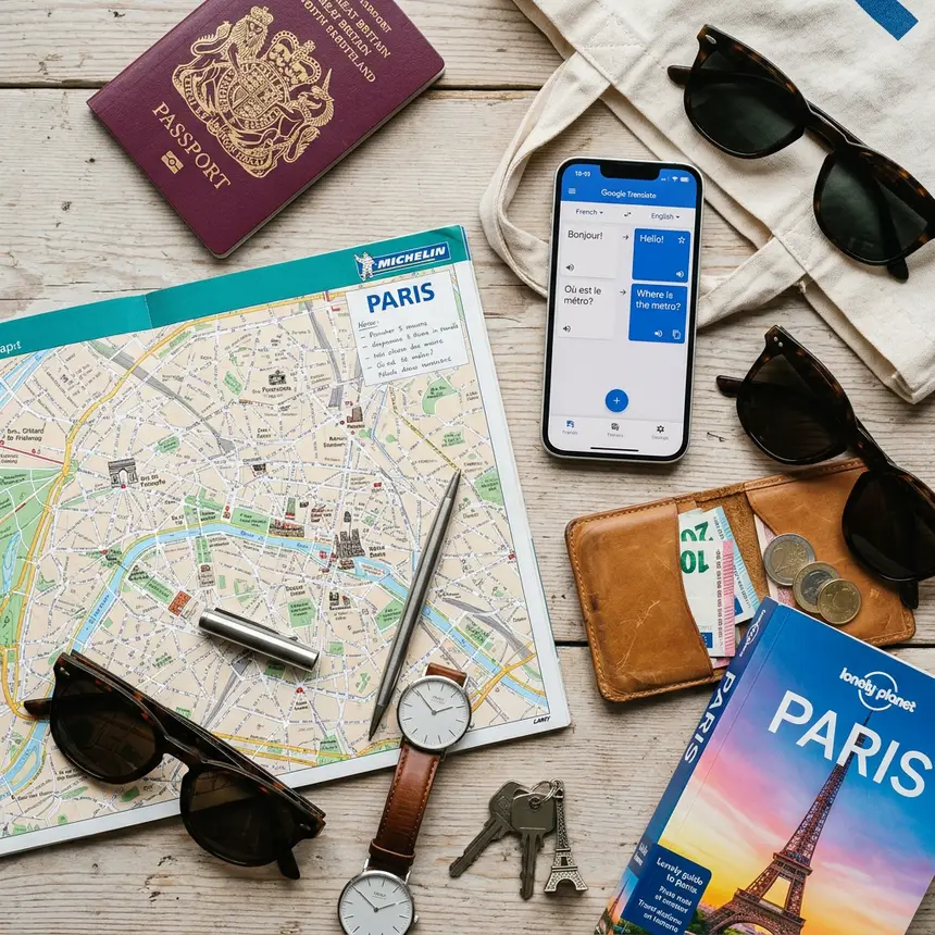 Travel essentials, flat lay