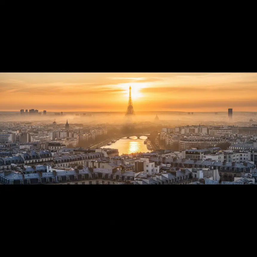 Paris sunset, city panorama