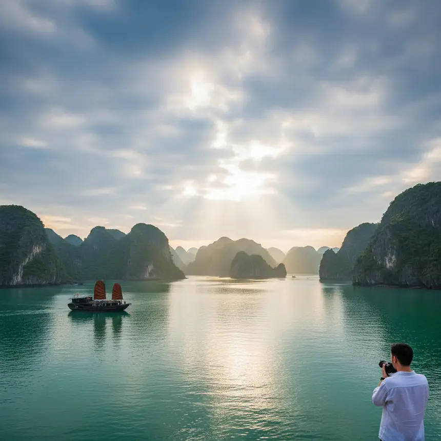 Ha Long Bay scenic traditional boat