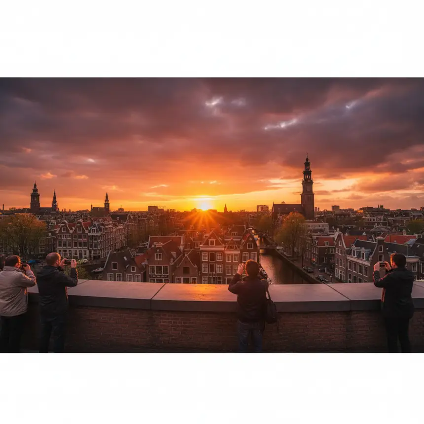 Amsterdam sunset, city skyline