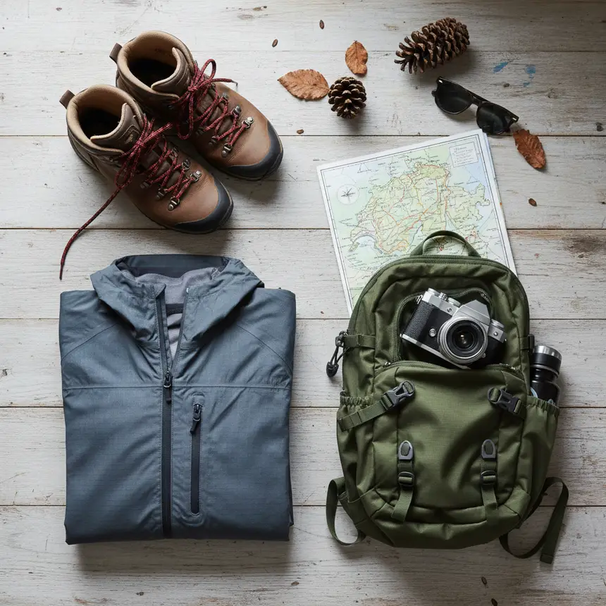 Alpine travel gear flat lay