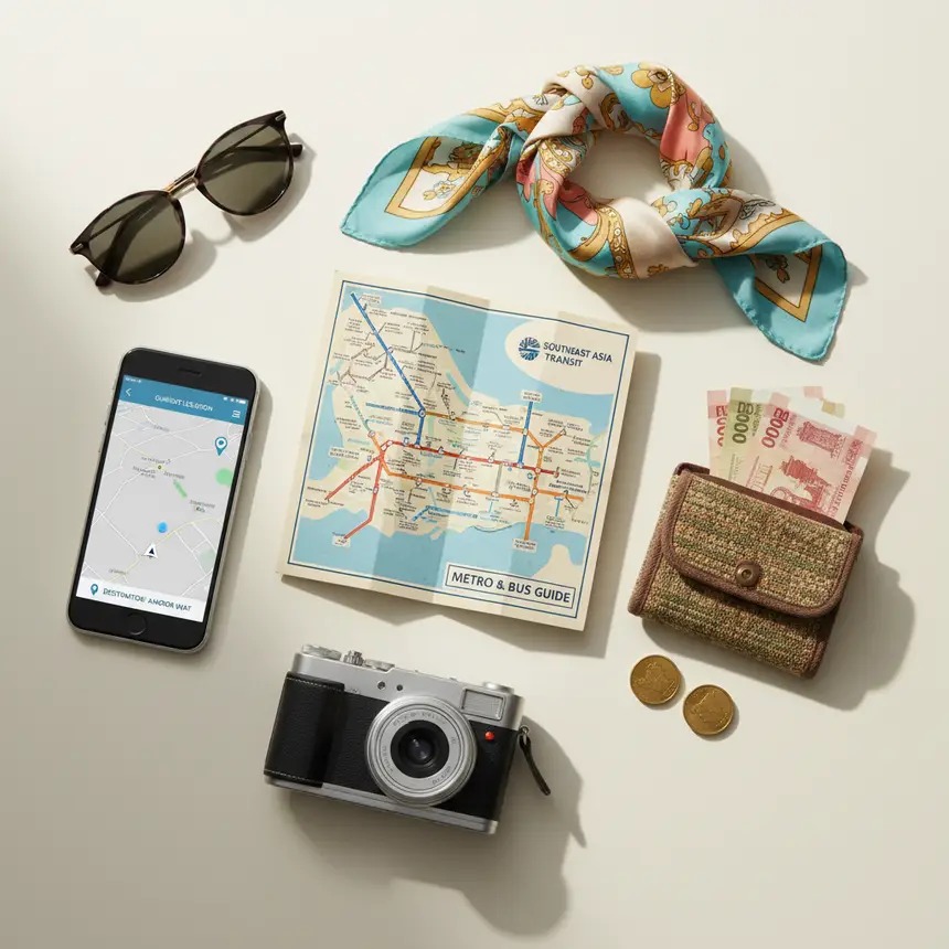Kuala Lumpur travel essentials flat lay