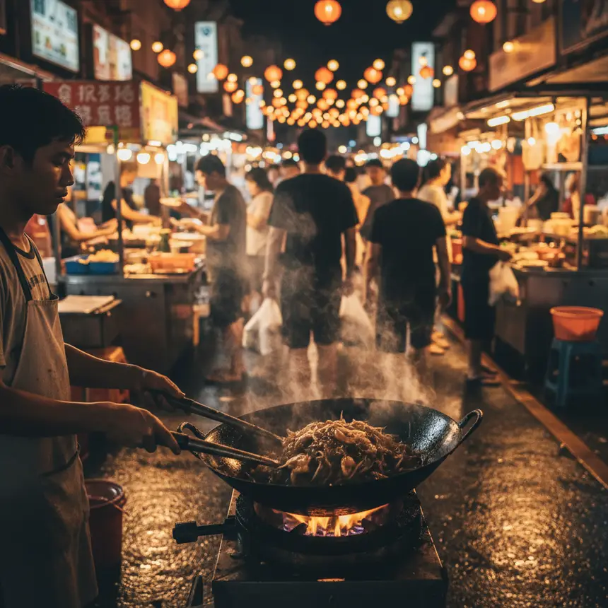 Penang night market with local street food being prepared