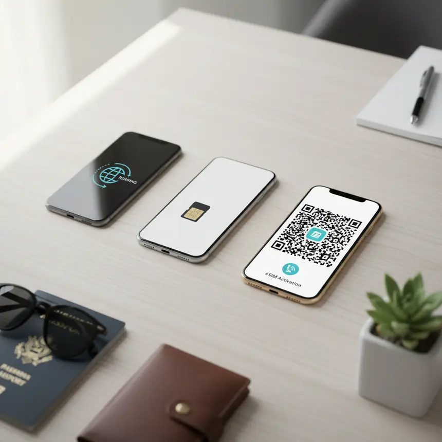 Comparison of roaming, physical SIM, and eSIM options on smartphones