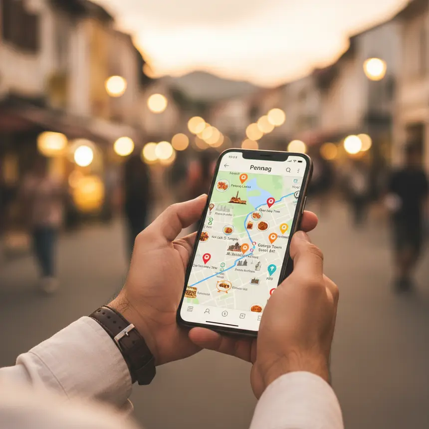 Traveler's hands holding a smartphone displaying a map with Penang attractions