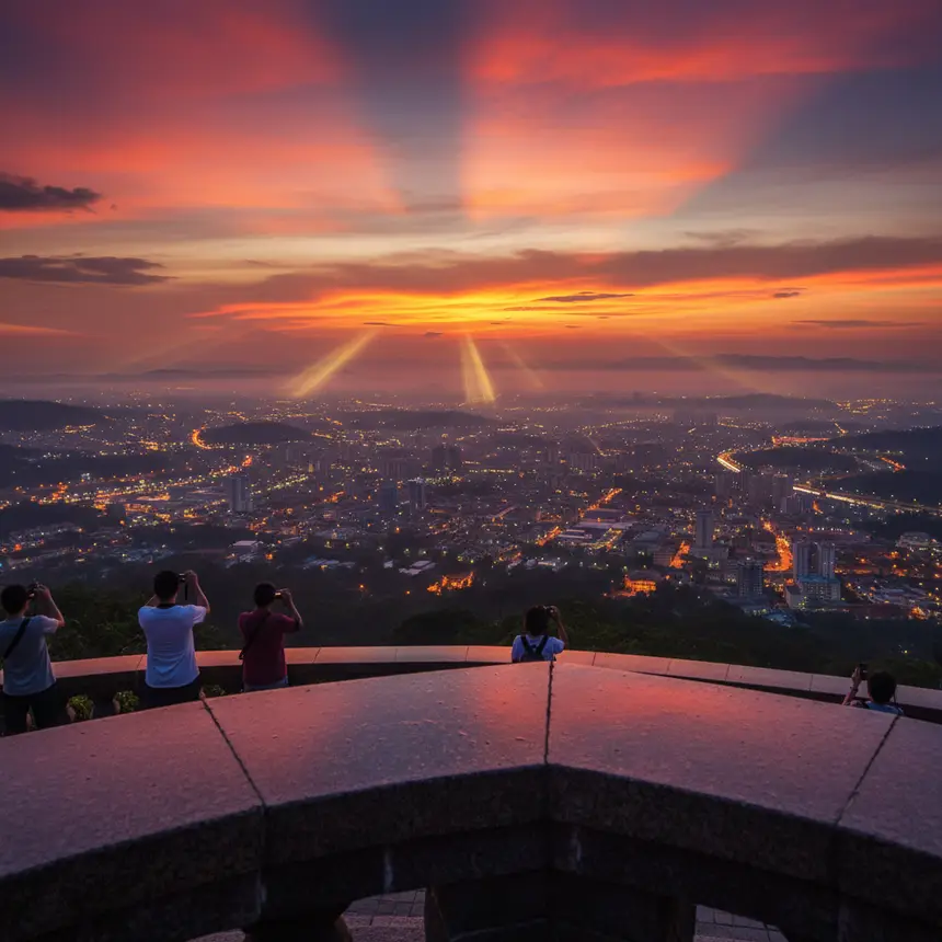 Panoramic sunset view from Penang Hill with city lights