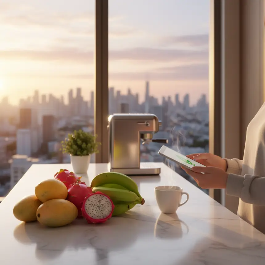 Modern apartment kitchen with city view