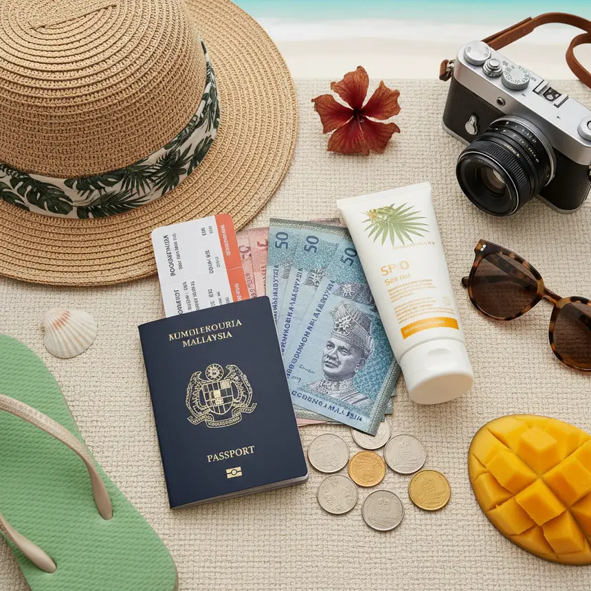 Travel essentials, flat lay