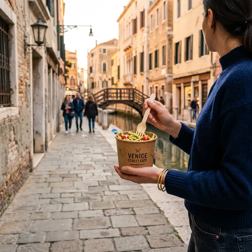 Venice street scene, eating on the go, pasta experience