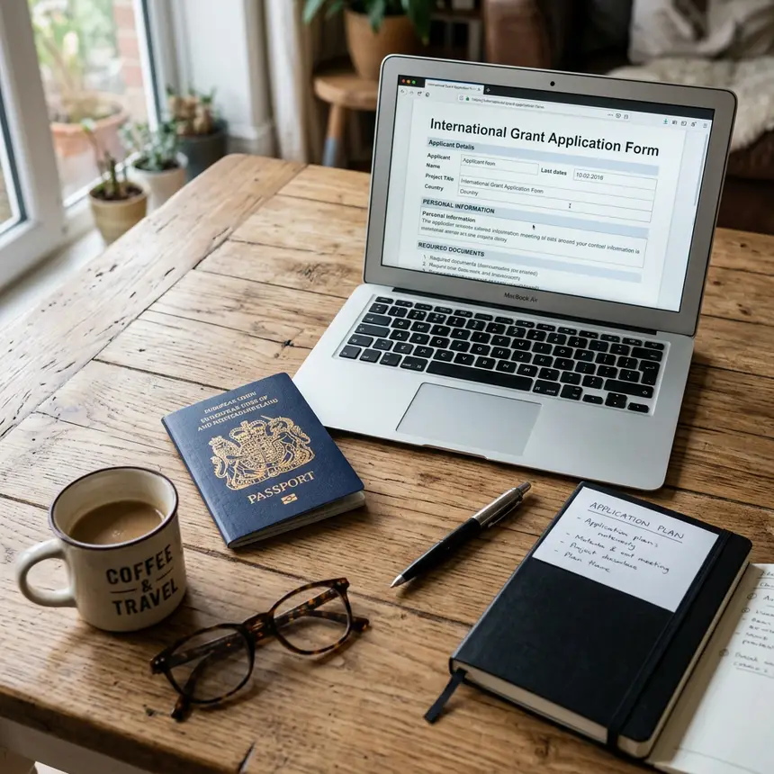 Passport, laptop with application form, and pen on a table