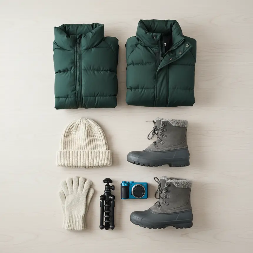 Flat lay of winter travel essentials