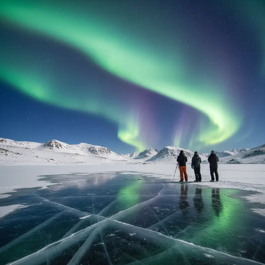 Snow-covered landscape under vibrant aurora borealis