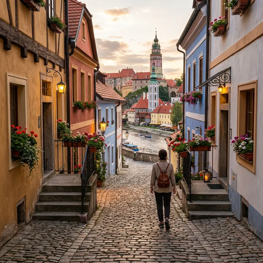 Cesky Krumlov alley, medieval buildings
