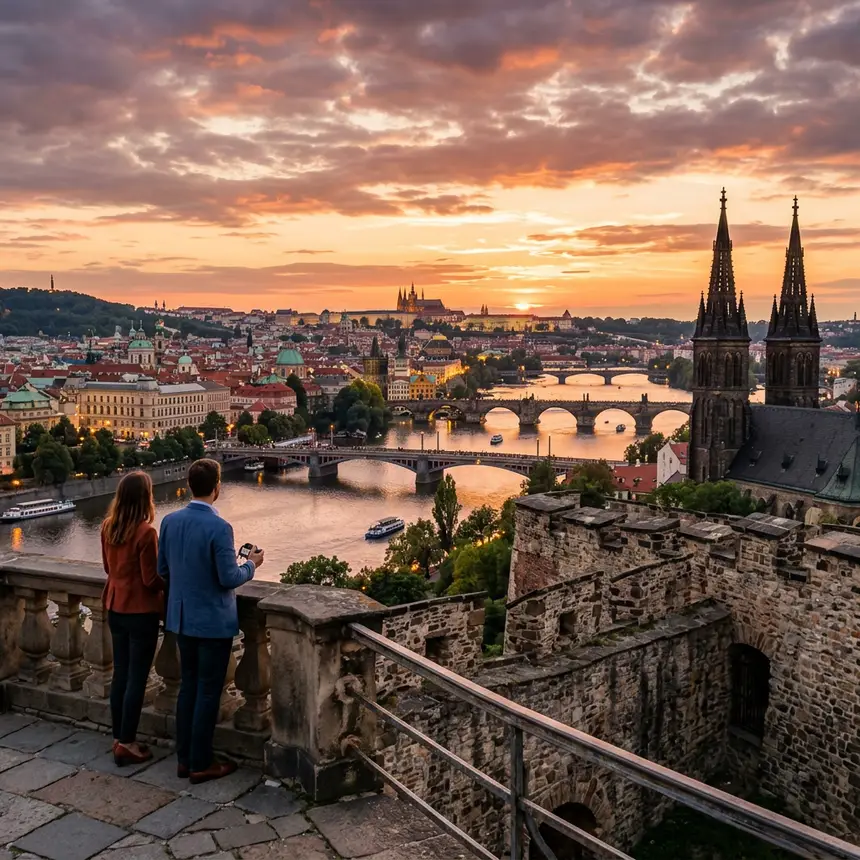 Vyšehrad fortress, Prague viewpoint, sunset scenery