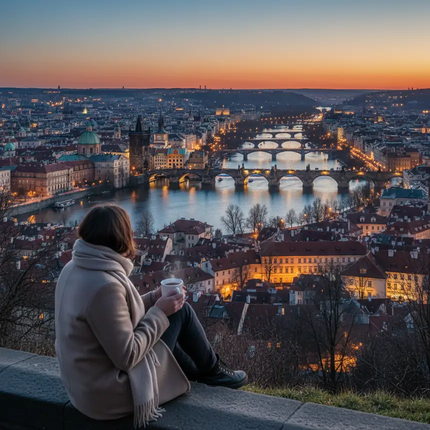 Prague night view, city lights, travel memories