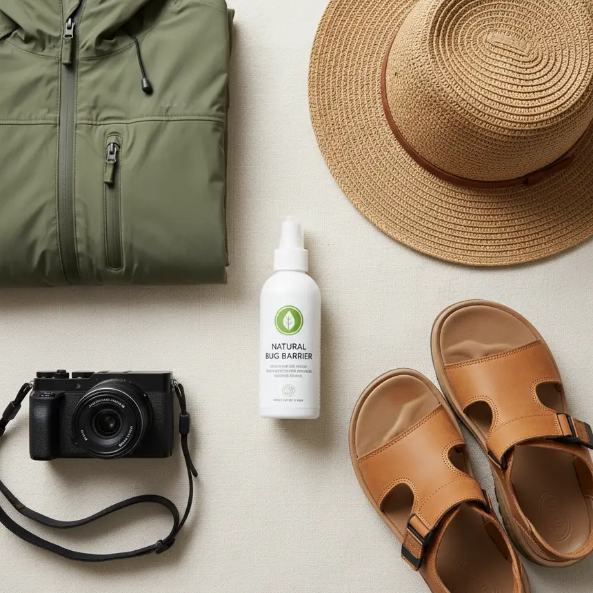 Travel essentials flat lay