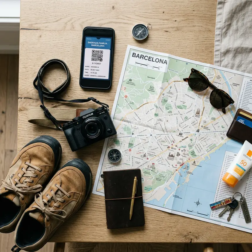 Travel preparation flat lay