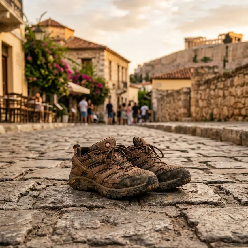 Comfortable walking shoes on Athens path
