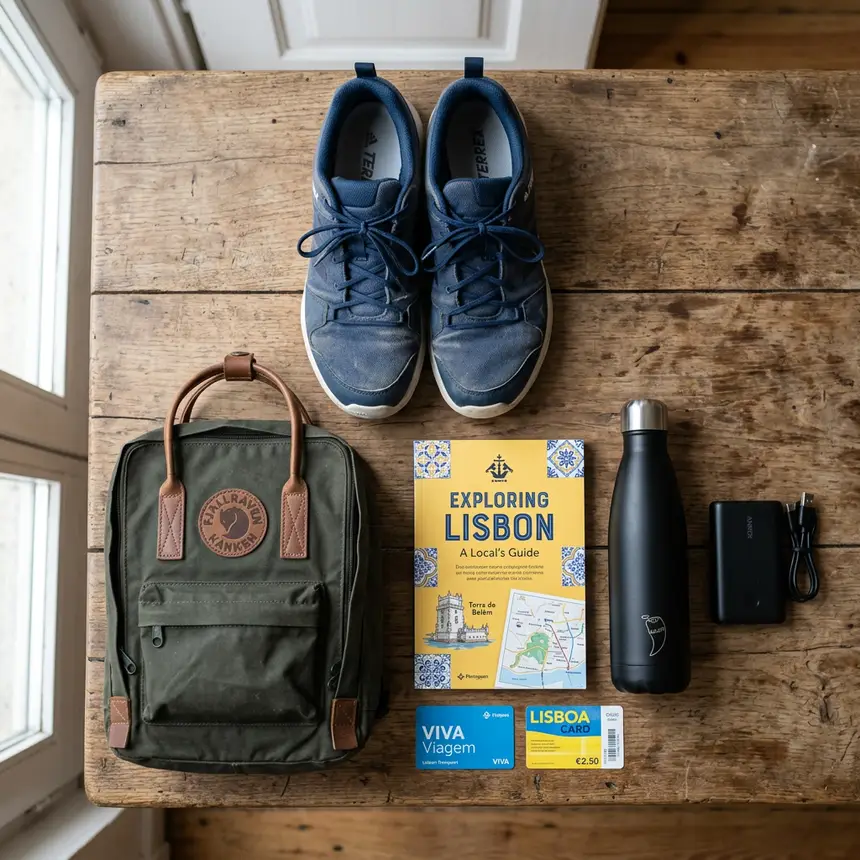 Lisbon travel essentials flat lay