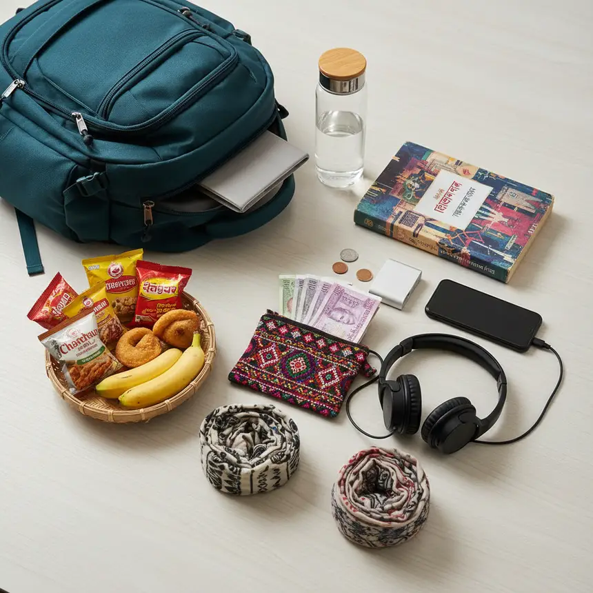 Travel essentials flat lay