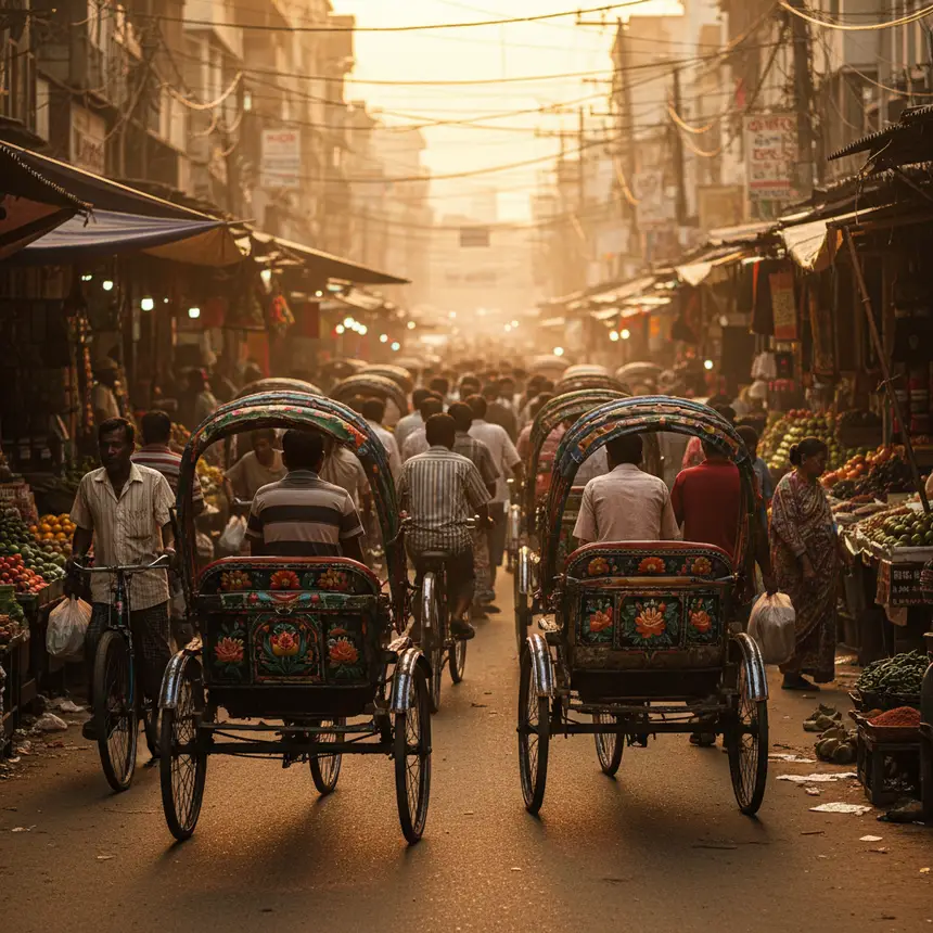 Dhaka street scene with rickshaws