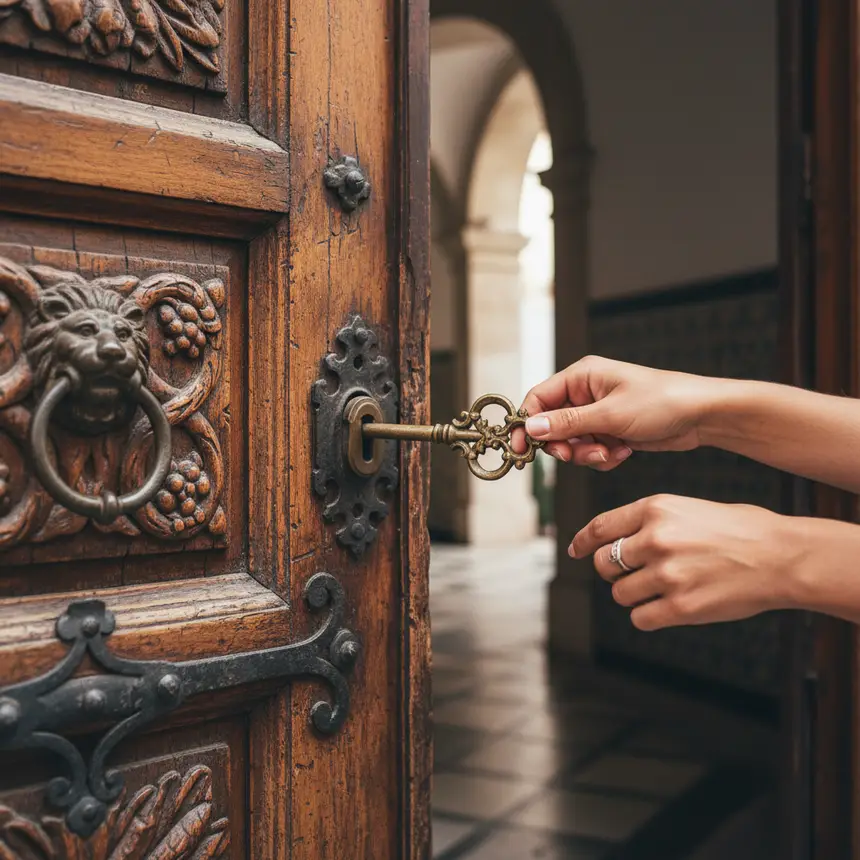 Traditional Lisbon key unlocking door