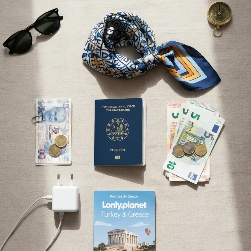Turkey Greece travel essentials flat lay