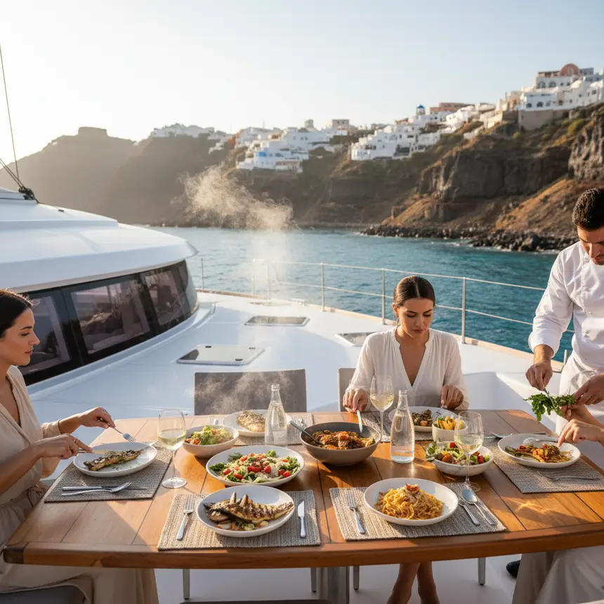 Santorini yacht tour dining