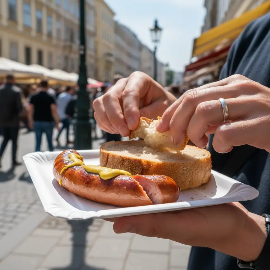 Enjoying Viennese sausage