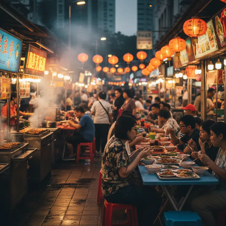 Singapore hawker center evening scene
