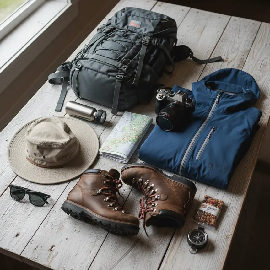 Rockies travel essentials flat lay