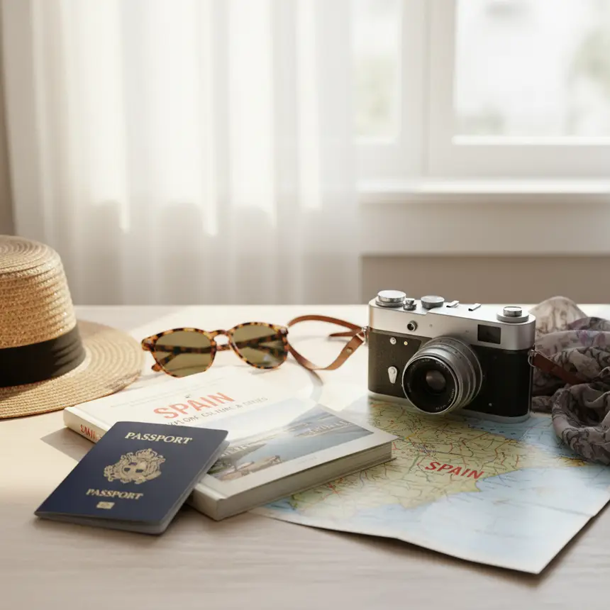Travel essentials flat lay