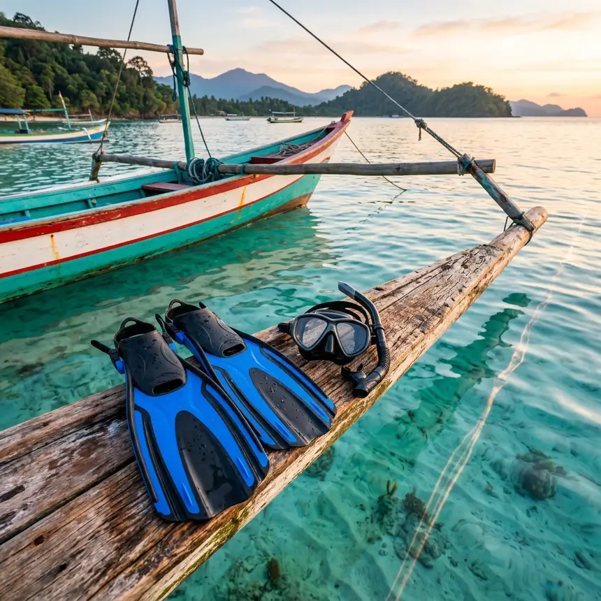 Snorkeling equipment, small boat, ocean