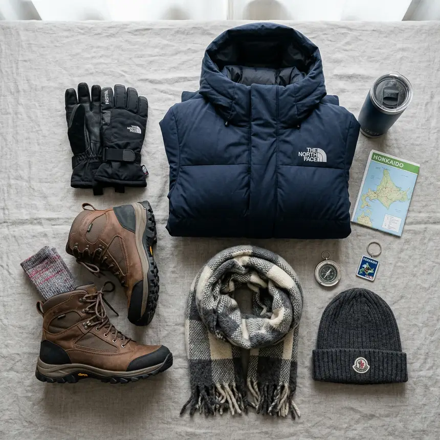 Winter travel essentials flat lay