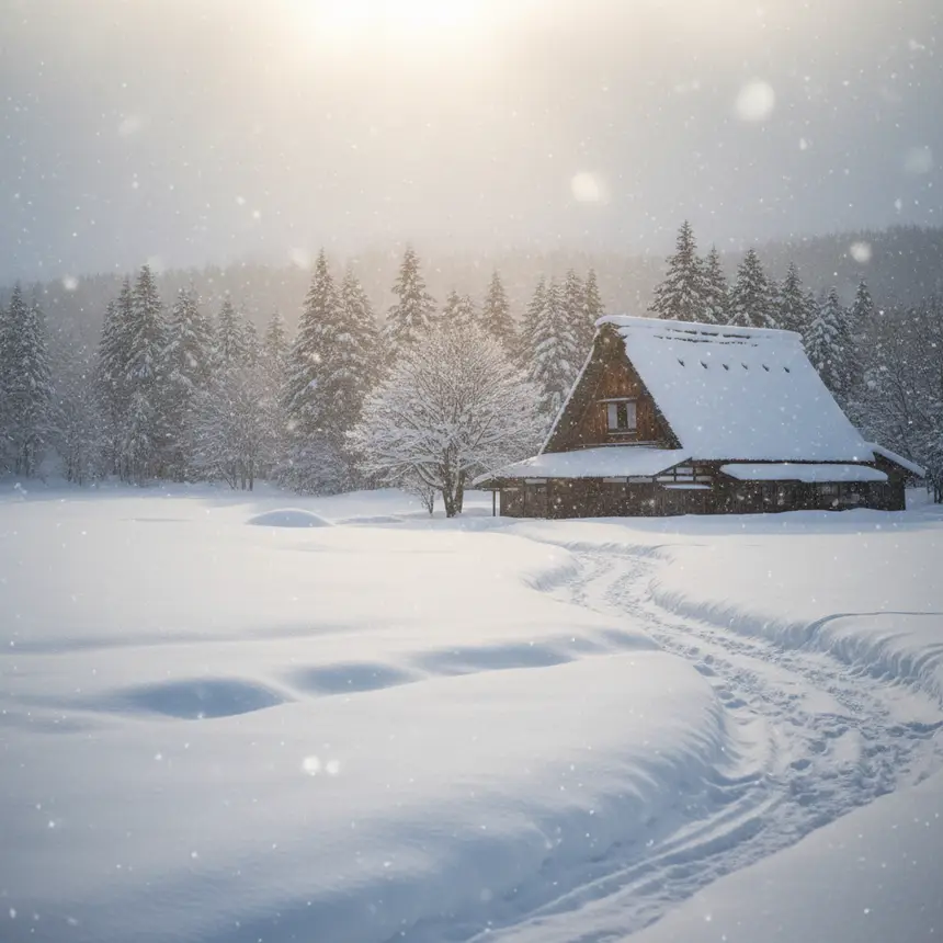 Hokkaido snowy landscape traditional house