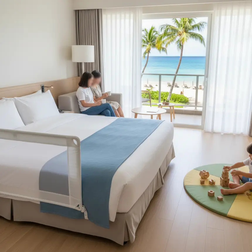Guam family accommodation, baby crib setup, travel packing tips