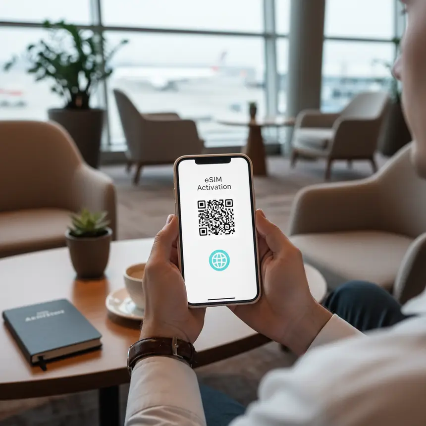 Smartphone displaying eSIM activation QR code