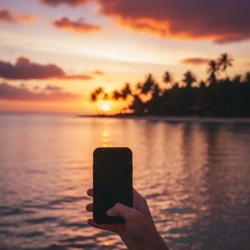 Traveler enjoying Fiji sunset with smartphone
