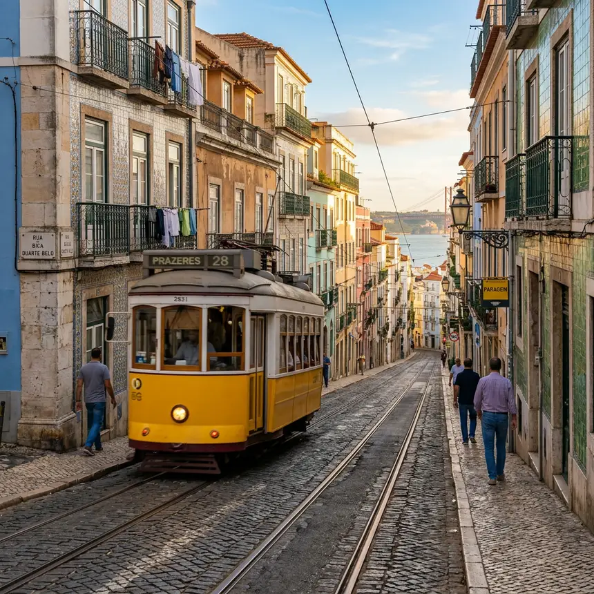 Lisbon tram and hilly street