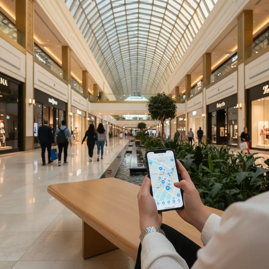 Indoor shopping mall with person using phone for navigation