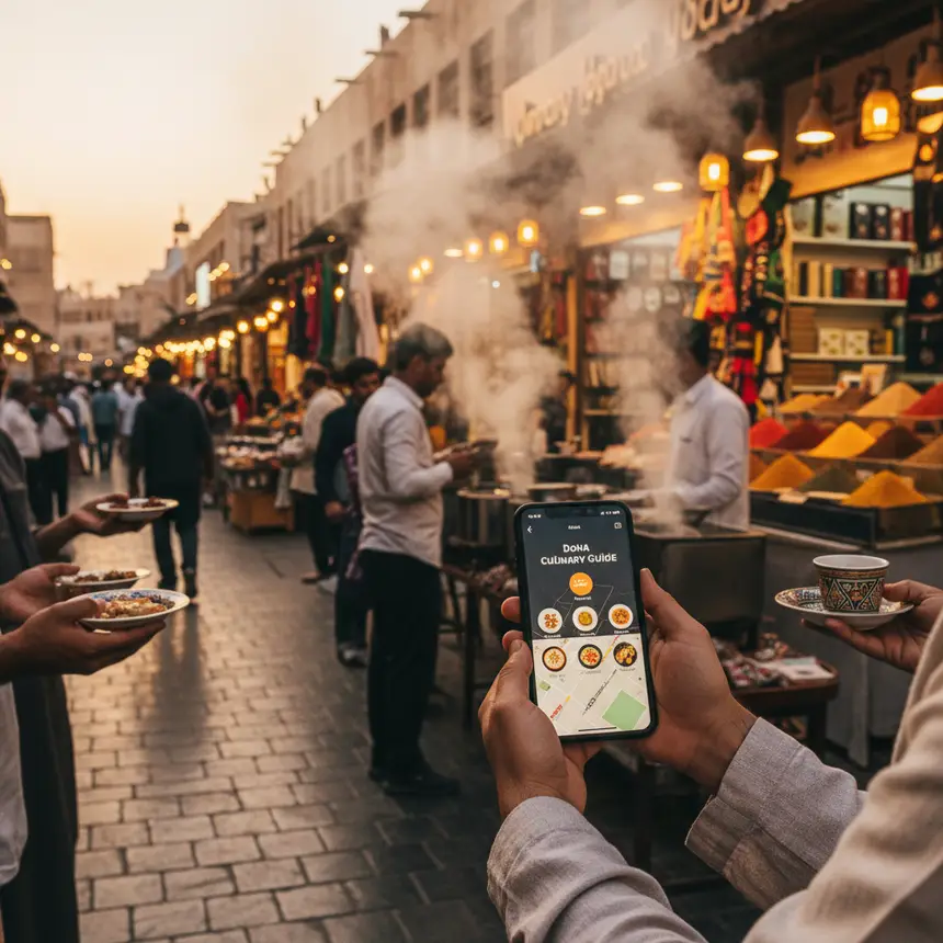 Vibrant Souq Waqif market with person holding phone